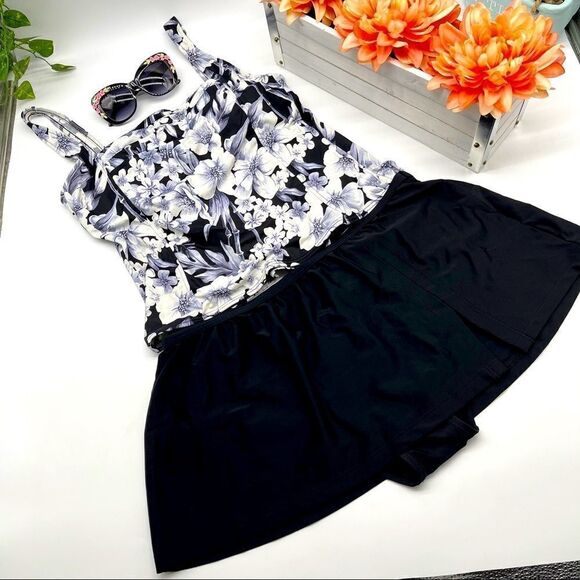 Mainstream Gray Black Floral Pleated Tankini Top Sz 16 - Picture 2 of 9